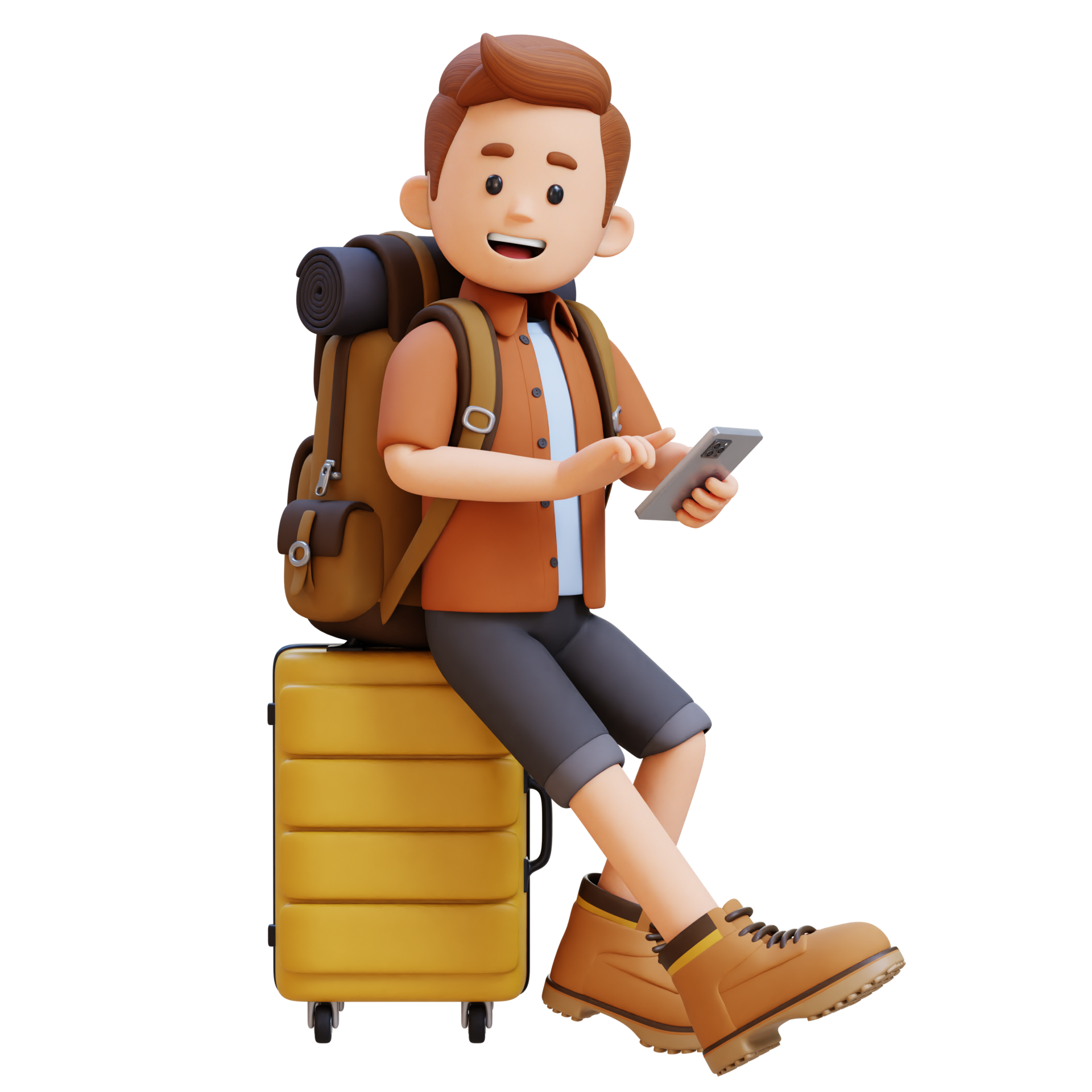 3d-traveller-character-sitting-on-a-suitcase-and-holding-smart-phone-free-png